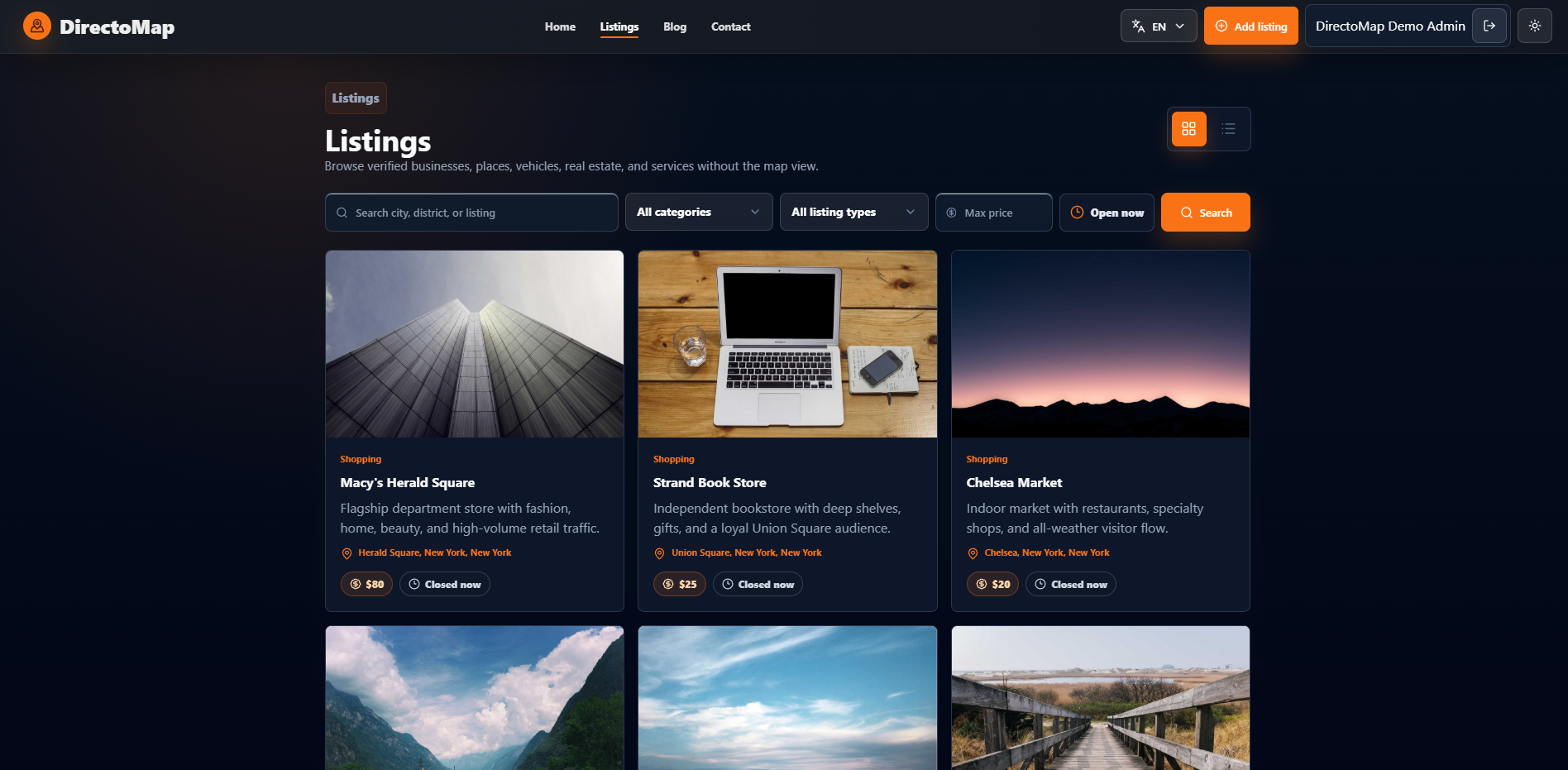 DirectoMap dark listings page