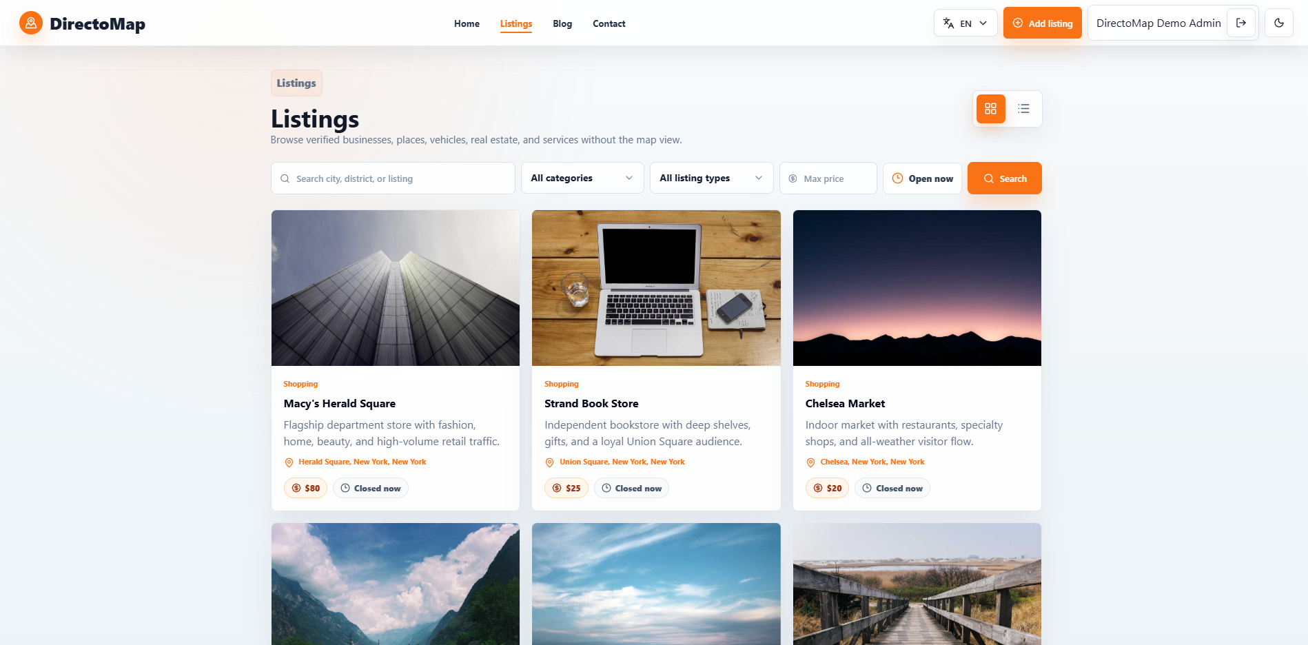 DirectoMap light listings page